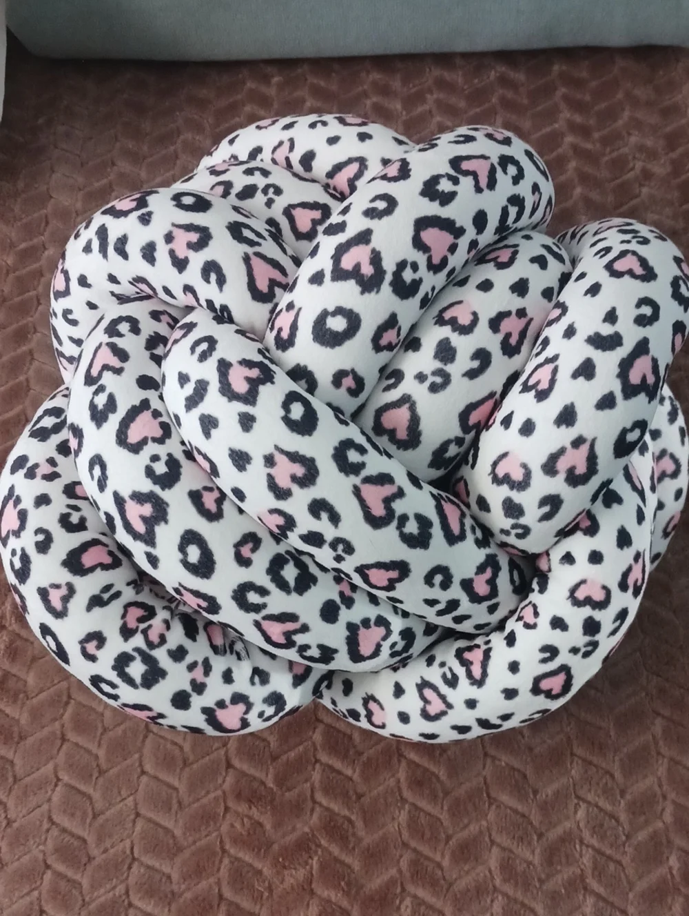 Plush Knot Pillow - White with Pink & Black Leopard Print